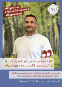 Porträt von Herrn Abdeldaym. Neben seinem Bild steht das ein Zitat aus dem Begelittext: "Die Sprache ist sehr wichtig, insbesondere die Fachsprache! Suche dir Unterstützung und bereite dich gut vor."